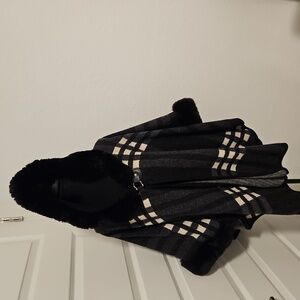 Black and Tan Plaid Poncho with Fur Hood Trim